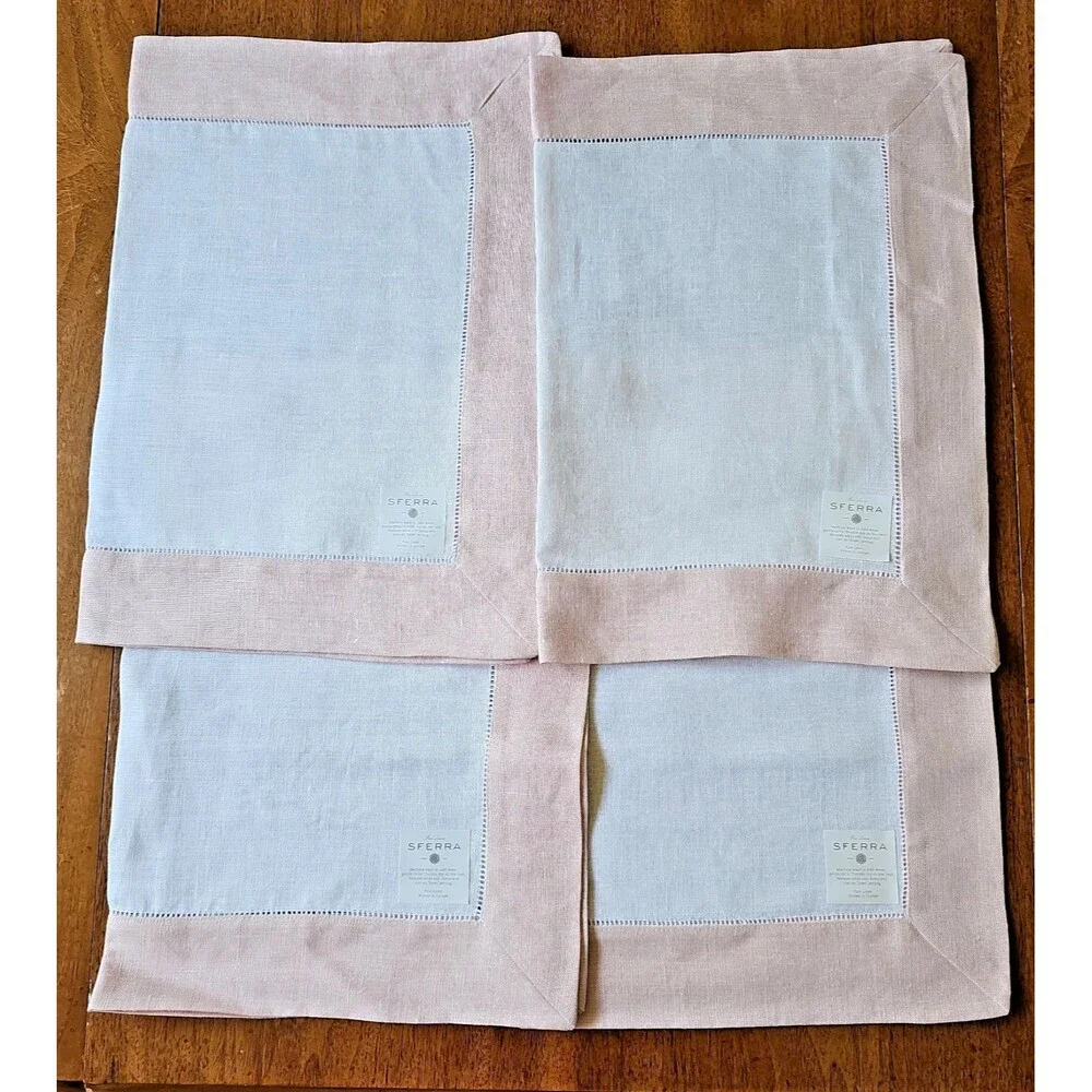 SFERRA Pure Linen Hemstitched Napkins & Placemats NEW White Petal Pink Gingham
